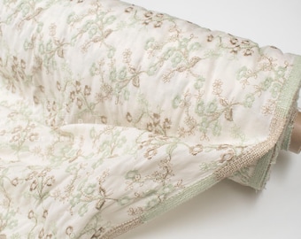 Japanese Fabric Embroidered Cotton Lawn - Julie - green, gold - 50cm