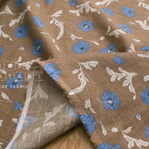 Japanese Fabric 100% linen Hokkoh Poppies III - blue, mocha -  50cm