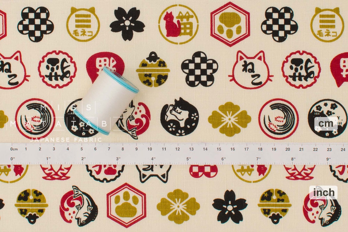 Japanese Fabric Kamon Cat A 50cm Etsy