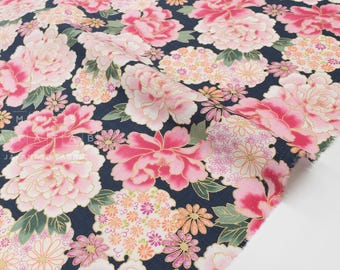 DEADSTOCK Japanese Fabric Peony Flowers - navy blue - 50cm