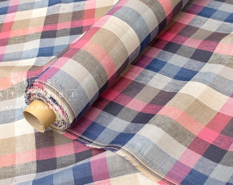 DEADSTOCK Japanese Fabric 100% Linen Check Plaid - 32 -  50cm