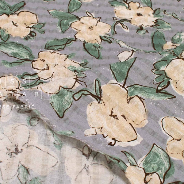 Japanese Fabric Cotton Linen Ripple Drawn Floral - D - 50cm