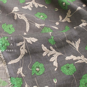 Japanese Fabric 100% linen Hokkoh Poppies III - green, grey -  50cm
