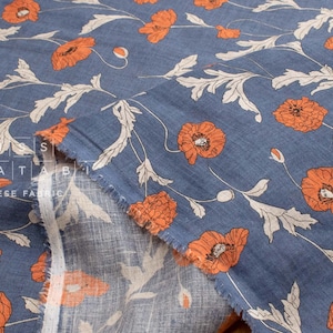 Japanese Fabric 100% linen Hokkoh Poppies III - blue, orange -  50cm
