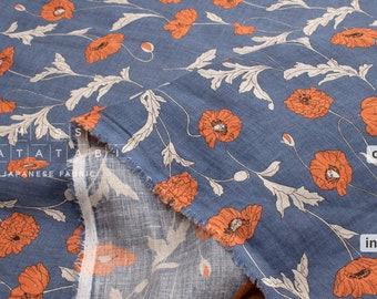 Japanese Fabric 100% linen Hokkoh Poppies III - blue, orange -  50cm