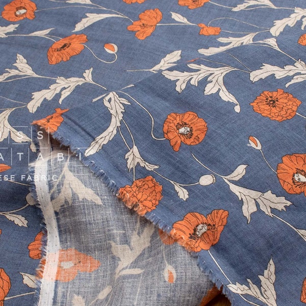 Japanese Fabric 100% linen Hokkoh Poppies III - blue, orange -  50cm