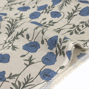 Japanese Fabric 100% linen Poppies II - blue, green -  50cm