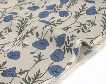 Japanese Fabric 100% linen Poppies II - blue, green -  50cm