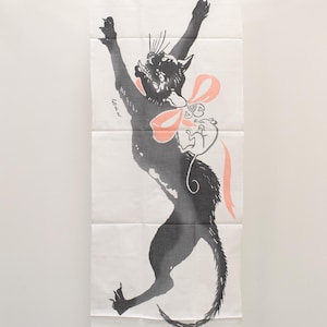 May include: A black cat with a pink bow and a white mouse printed on a white fabric panel. The cat is jumping up with its paws in the air. The text "the new cat" is printed on the panel.