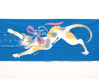 Shokunin Collection Hand-printed Chusen Japanese Tenugui Fabric - Bell the Cat 1 - blue, pink - panel