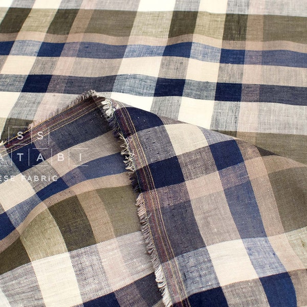 DEADSTOCK Japanese Fabric 100% Linen Check Plaid - 12 -  50cm