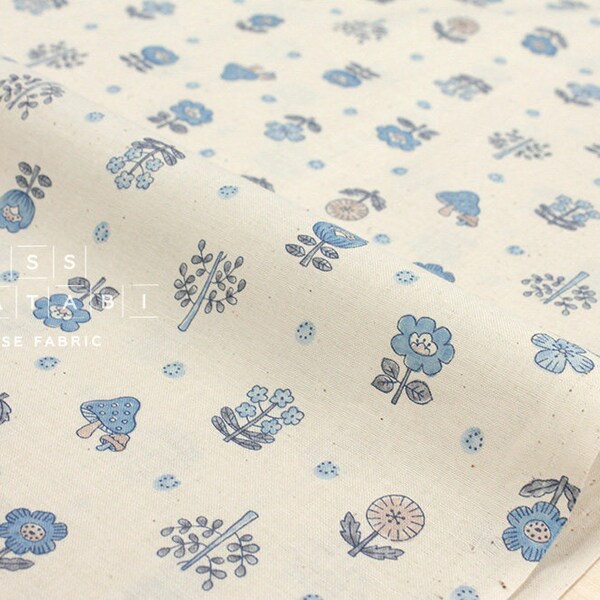 Japanese Fabric flowers and mushrooms - blue on natural - 50cm
