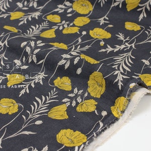 Japanese Fabric 100% linen Poppies II - charcoal, yellow -  50cm