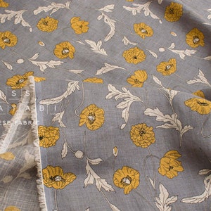 Japanese Fabric 100% linen Hokkoh Poppies III - yellow, grey -  50cm