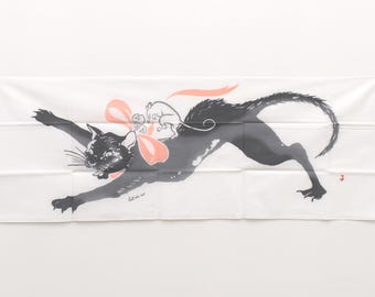 Coleção Shokunin Tecido Tenugui Japonês Chusen Estampado à Mão - Bell the Cat 2 - preto, rosa - painel