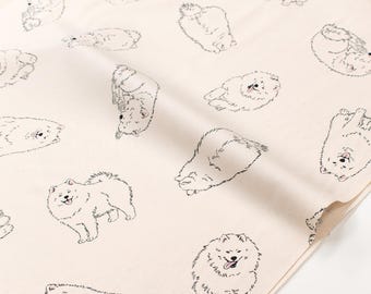 May include: A light beige fabric featuring a repeating pattern of black line art illustrations of fluffy Pomeranian dogs in various poses, including standing, sitting, and lying down, with visible fur texture and small facial details.