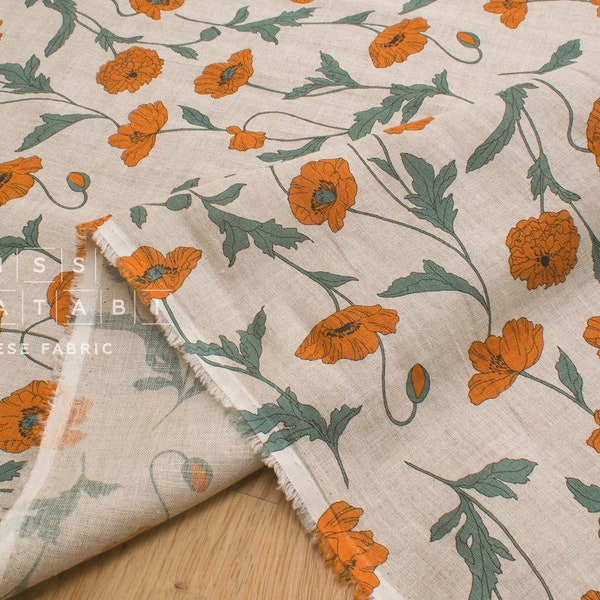 Tissu japonais 100 % lin Hokkoh Poppies III - orange - 50 cm