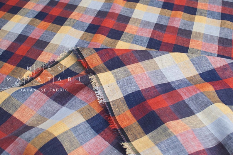 DEADSTOCK Japanese Fabric 100% Linen Check Plaid 37 50cm image 1