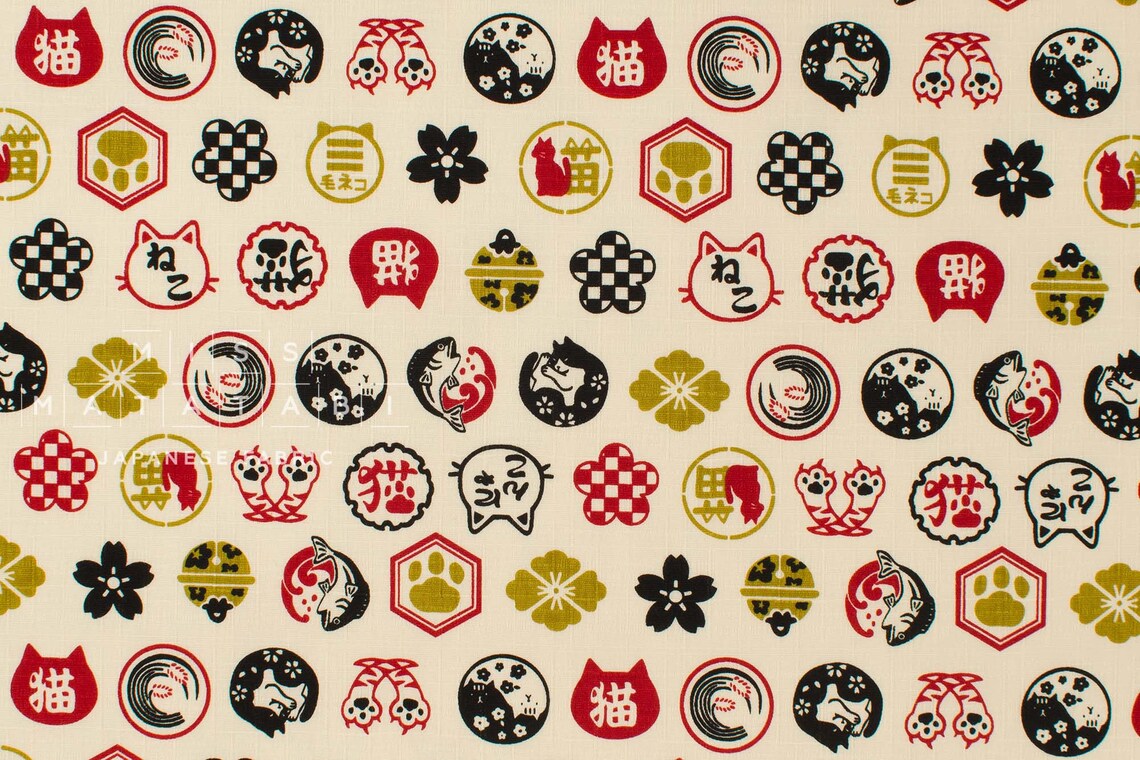 Japanese Fabric Kamon Cat A 50cm Etsy