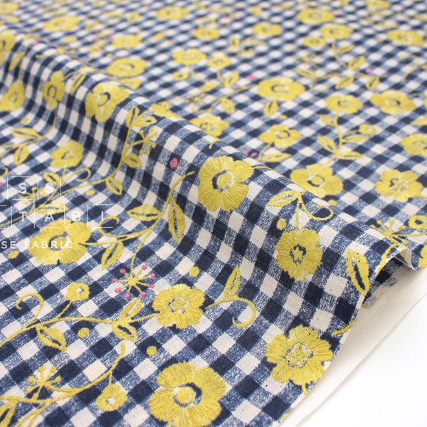 Japanese Fabric Kokka Floral Gingham - navy blue, mustard - 50cm