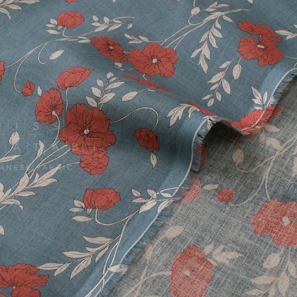 Japanese Fabric 100% linen Hokkoh Poppies IIII - orange red, blue - 50cm