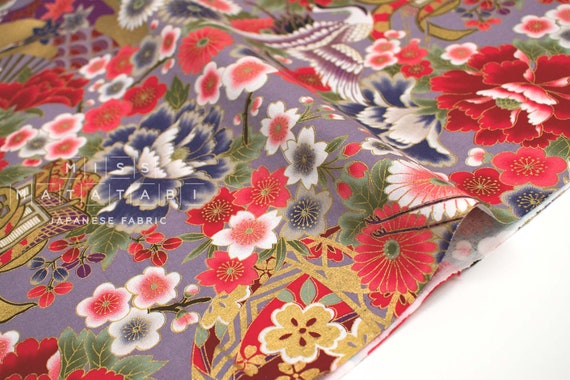 Loussiesd Tessuto per tappezzeria per sedie, tessuto giapponese Sakura Flower al cortile, tessuto con gru con teste rosse volanti, per tappezzeria e progetti fai da te per la casa, 184 x 150