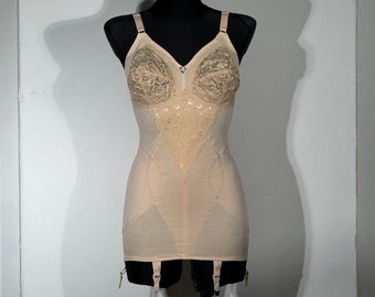 Flirty beige vintage corselette with an open bottom, full girdle with 4 suspenders