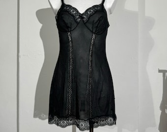 Sheer black vintage slip night dress with lace elements, delicate chemise with a stripe pattern, size M