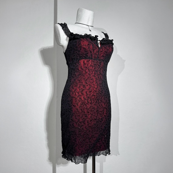 90s Whimsigoth burgundy vintage dress with ruffled neckline, sheer mesh overlay, velvet flocking & glitter details, Size L