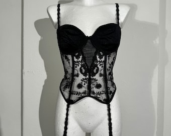 Sublime corset vintage noir en dentelle avec bretelles, porte-jarretelles transparent avec broderie de fleurs, taille M