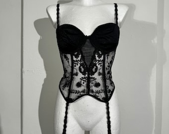 Erhabenes schwarzes Vintage Spitzen Korsett mit Strapshaltern, transparentes Strumpfband mit Blumen Stickerei, Größe M