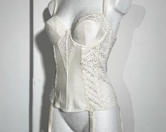 Exquisito sujetador largo de encaje blanco vintage, tipo bustier con detalles florales de encaje, talla S