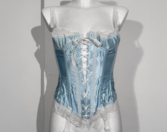 Adorable doll like baby blue vintage satin corset with suspenders, eyelet tie up front, white lace frills, Size XS