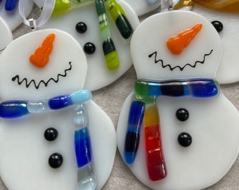 Fused Glass Snowman Ornament with Scarf