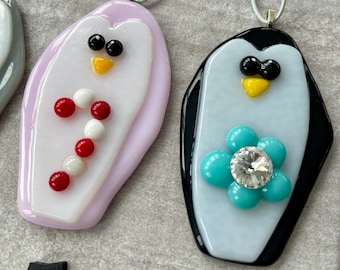 Handcrafted Fused Glass Penguin Ornament w/ candy cane or flower with Swarovski Jewels