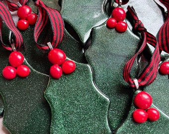 Fused Glass Holly Leaf Ornament