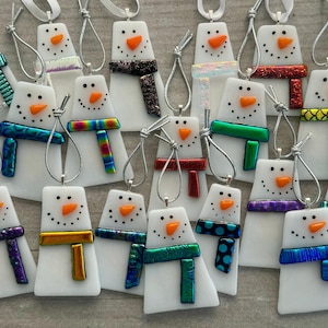 Modern Fused Glass Snowman Ornament with Dichroic Scarf