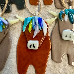Fused Glass Highland Cow Ornament w/ colorful hair