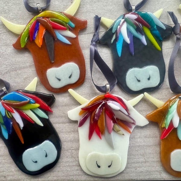 Fused Glass Highland Cow Face Ornament w/ colorful hair