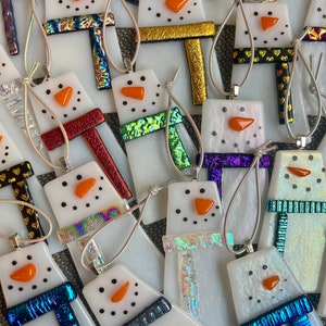 Modern Fused Glass Snowman Ornament with Dichroic Scarf