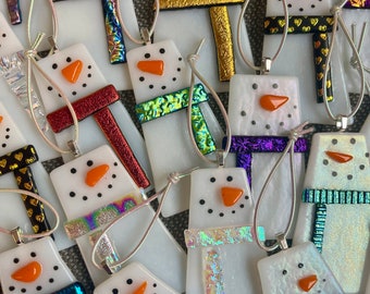 Modern Fused Glass Snowman Ornament with Dichroic Scarf