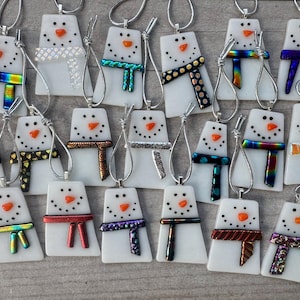 Modern Fused Glass Snowman Ornament with Dichroic Scarf- *mini version*