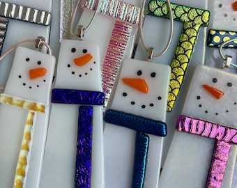 Modern Fused Glass Snowman Ornament with  Dichroic Scarf