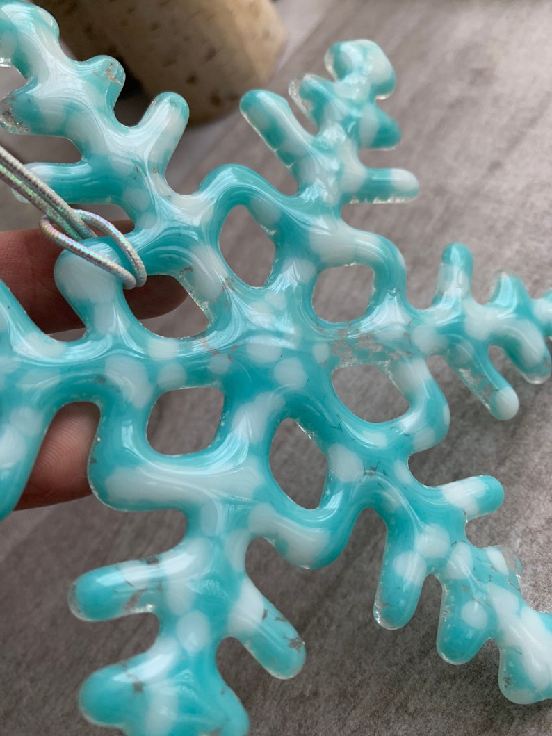 Turquoise /& White Fused Glass Snowflake Ornament