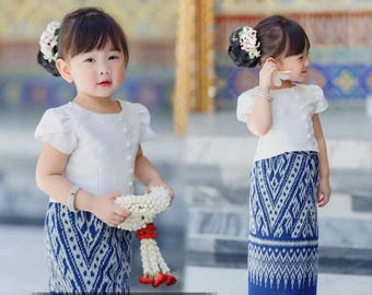 Girls' Thai Dress Set: Elegant Faux Silk Top & Woven Sarong