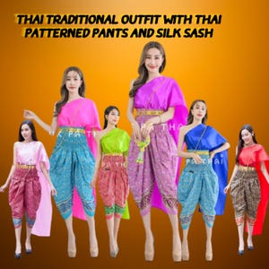 Thai Traditional Outfit with Thai Patterned Pants and Silk Sash
