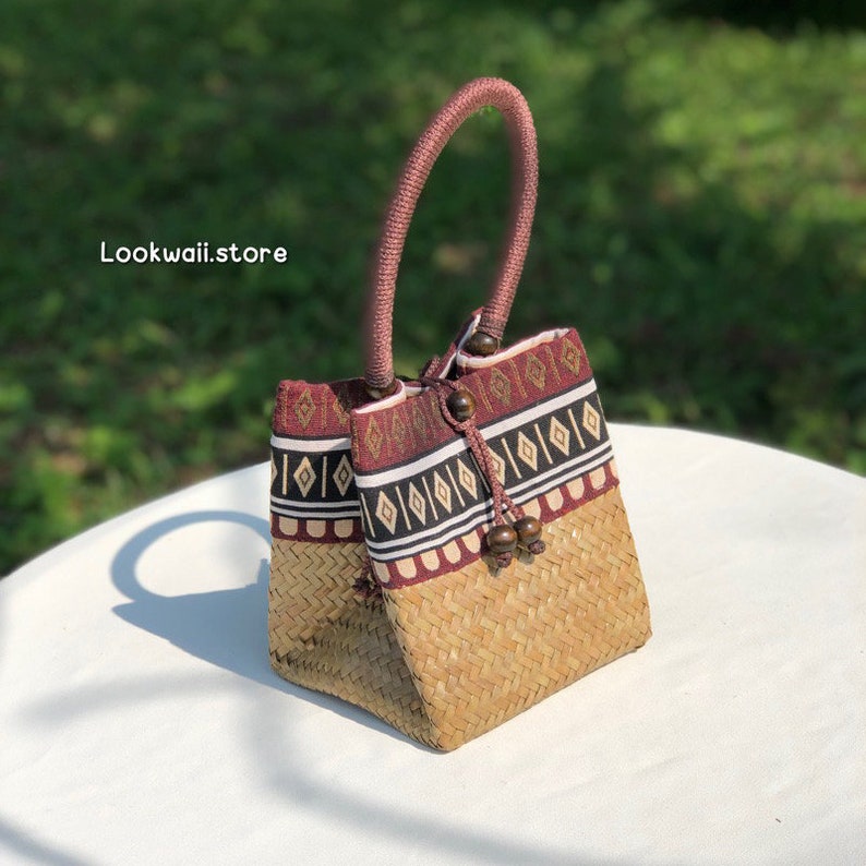 Handmade Thai Krajood Straw Bag with Silk Border and Bamboo Handle-Orange