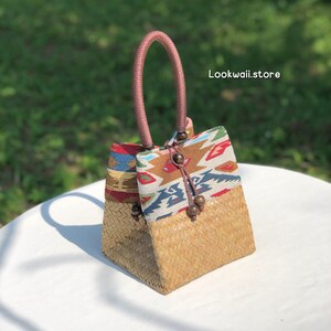 Handmade Thai Krajood Straw Bag with Silk Border and Bamboo Handle-Orange main image 1