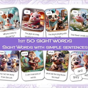 1e 50 Sight Words Flashcards met eenvoudige zinnen. Hoogfrequente woorden. Leer lezen. Educatieve kaarten
