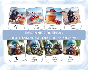 Puede incluir: Un conjunto de tarjetas de memoria coloridas con imágenes y palabras para combinaciones de letras de inicio. Las tarjetas presentan imágenes de un cangrejo, una corona, un cupcake, un troll, un tren y un tractor. Las palabras en las tarjetas son "cr", "crob", "cream", "crystal", "crow", "cranberries", "crown", "tr", "troll", "trumpet", "train", "tracks", "tree", y "tractor".